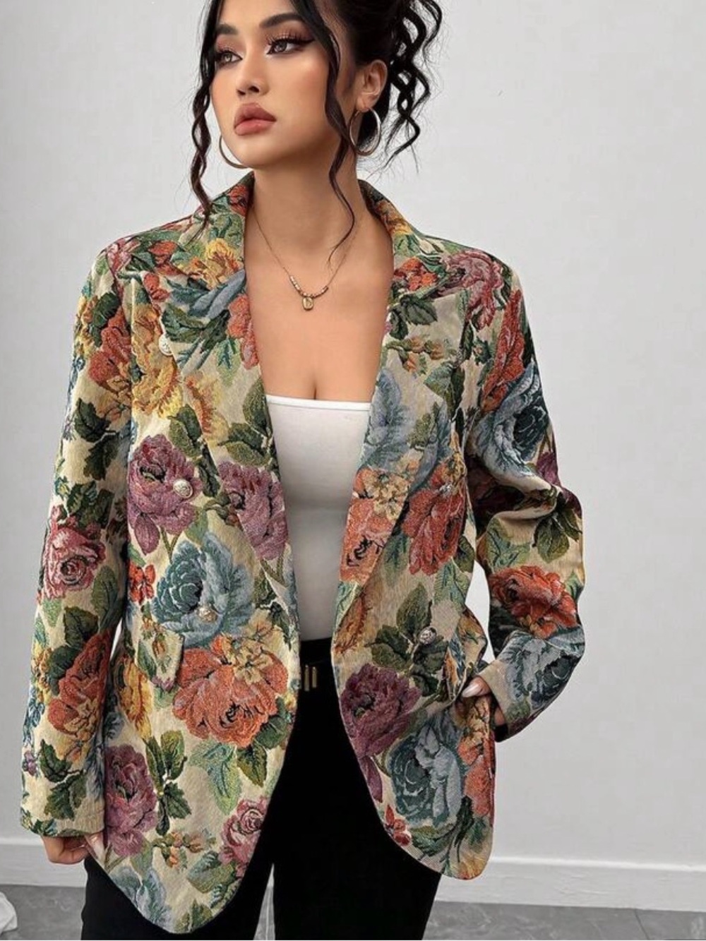 Floral Tapestry Open-Front Blazer Jacket - Multicolor